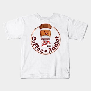 Coffee cup cartoon character, Coffee addict. Kids T-Shirt